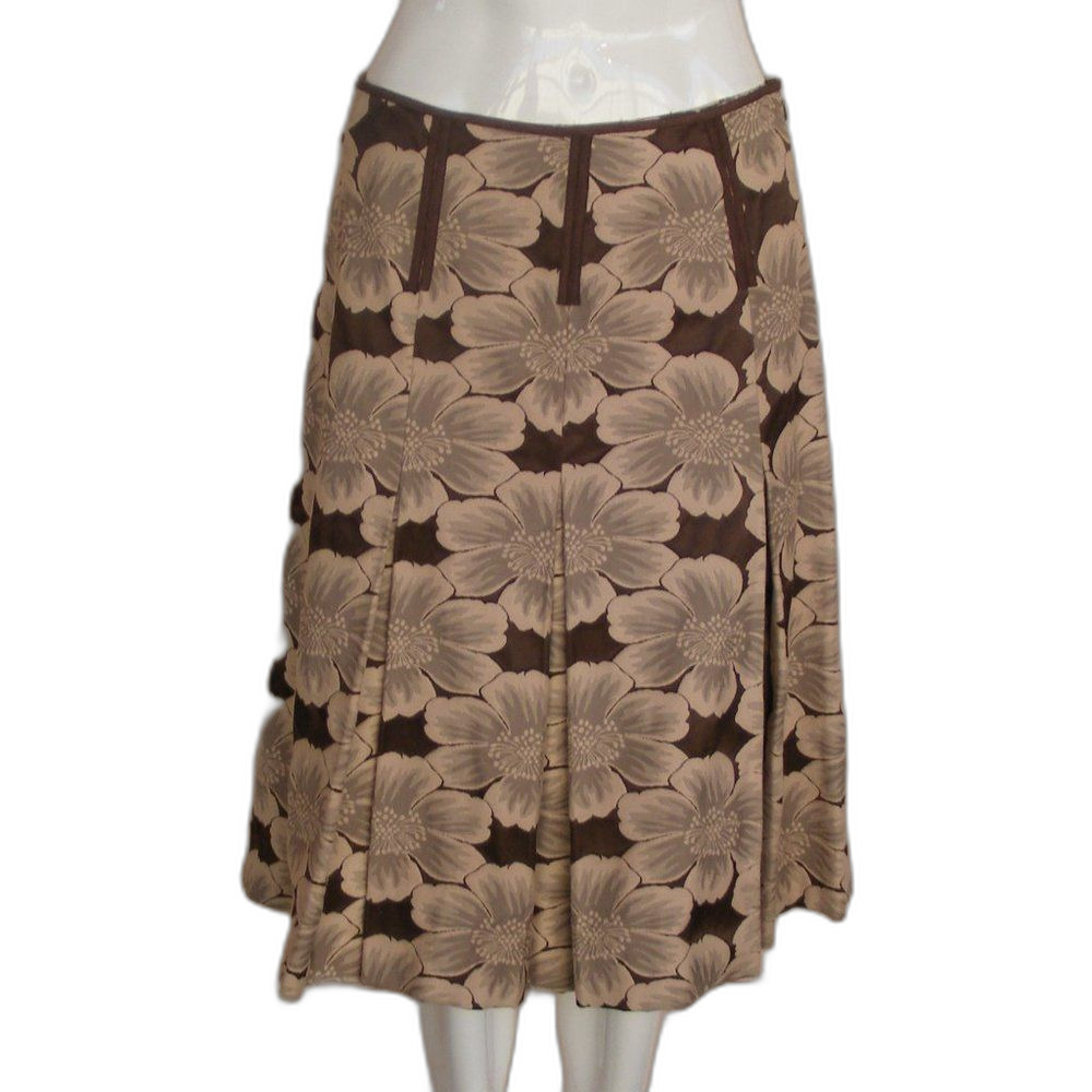 MAG MAGASCHONI Midi Skirt, 4, Box Pleat, Floral, Brown/Tan, Side Zip